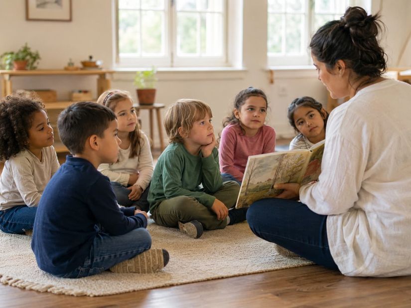 Children sitting on a rug listening to a story during Goshen Friends Meeting children's program in West Chester PA