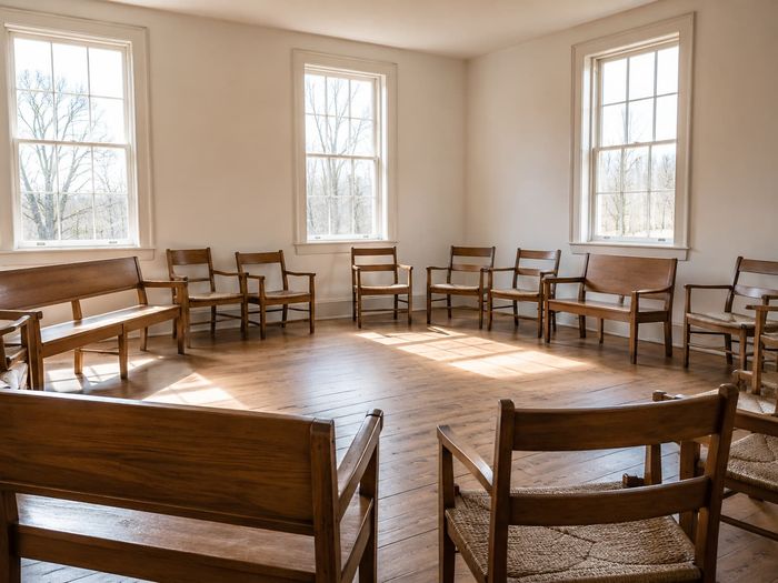 Simple, sunlit Quaker meeting room interior with plain wooden seating arranged for silent worship